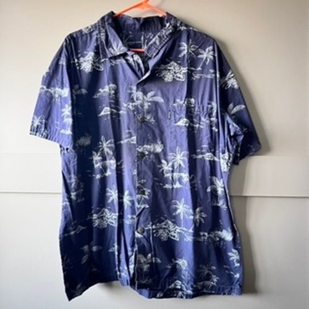 Palmwave Hawaiian Shirt Mens XL Blue Tropical Palm Tree Short Sleeve Button Down